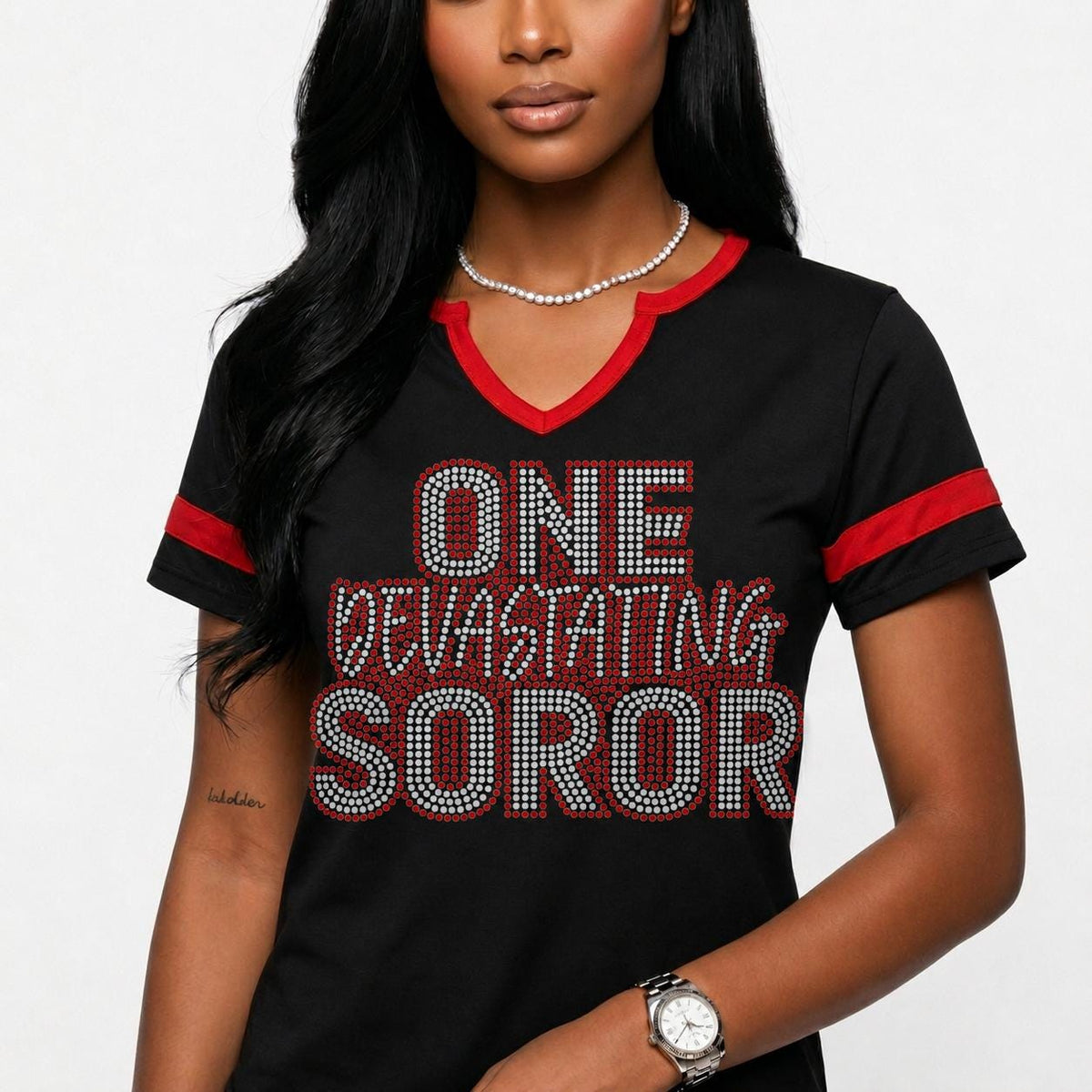 One Devastating Soror- Women's Halftime Notch Neck Tee