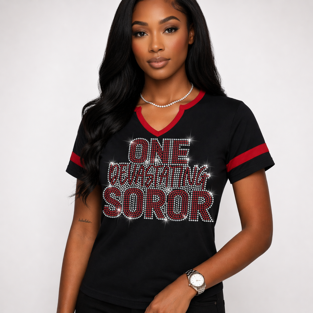 One Devastating Soror- Women's Halftime Notch Neck Tee