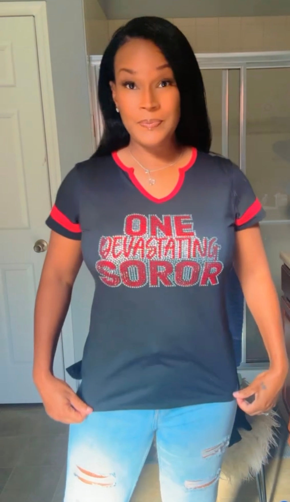 One Devastating Soror- Women's Halftime Notch Neck Tee